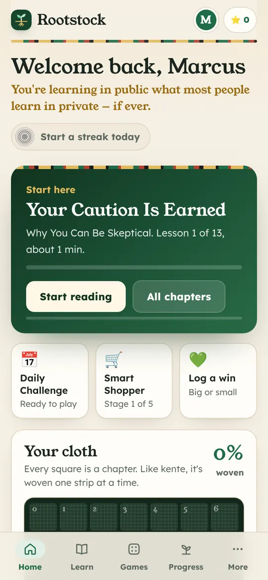 Rootstock screen: Home. Your next lesson, the daily challenge and your progress, woven like kente.
