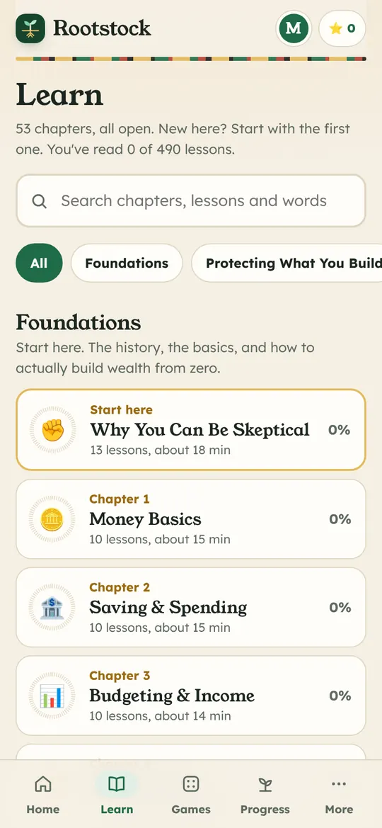Rootstock screen: 53 chapters. Money basics, saving, credit and wealth building, about 15 minutes each.