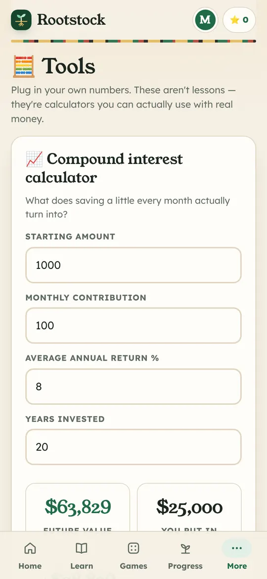 Rootstock screen: Real calculators. Plug in your own numbers, like compound interest, and see what they turn into.